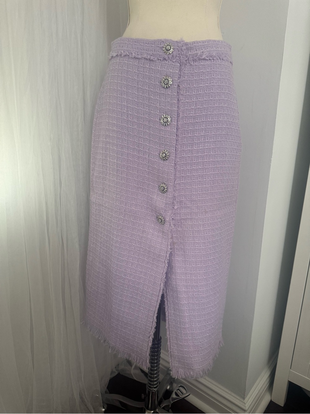 Zara Lilac Tweed Midi Pencil Skirt with Crystal Buttons